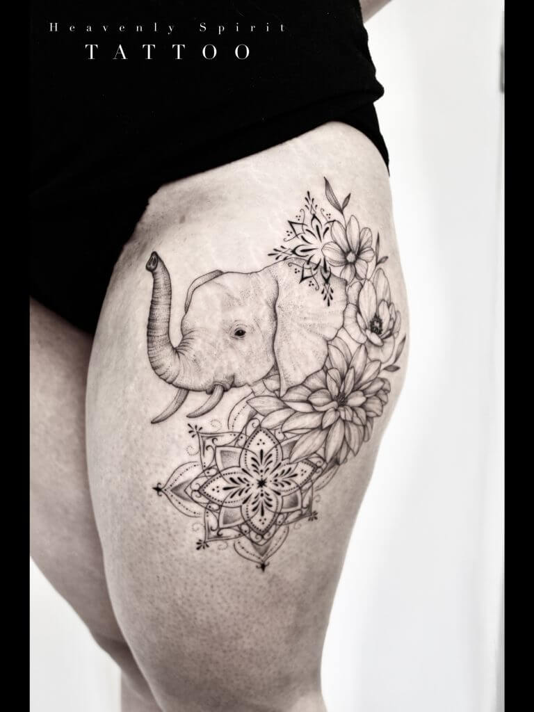 tatou ornemental fineline tatouage tattoo femme tattoo hanche mandala tatouage ornement tatouage animal éléphant tattoo fleur mandala dalia tattoo tatouage anémone tattooe floral