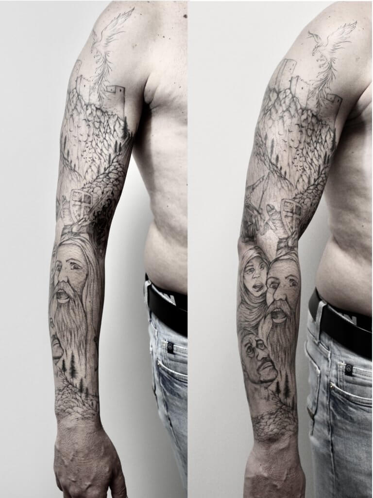Tatouage floral ornemental tattoo fine line bras complet homme style graphic