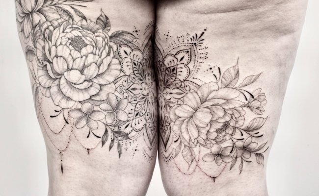 Tatouage Tatouage femme cuisse tattoo floral et ornemental Ink