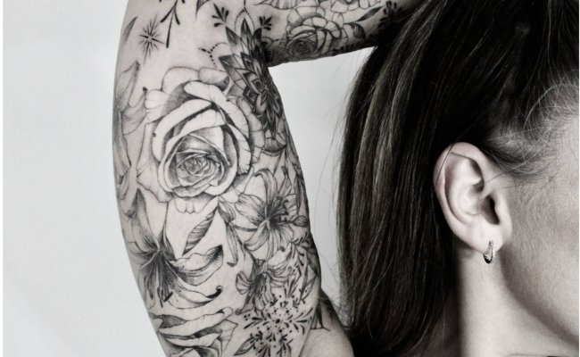 Tatouage floral ornemental fine ligne tattoo tattoo fine line Bras complet floral ornemental wip shading tatouage femme